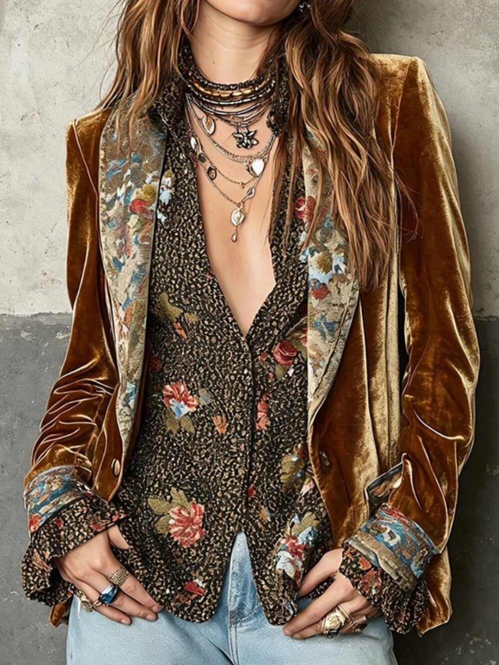 Gold Elegant Women's Velvet Blazer
